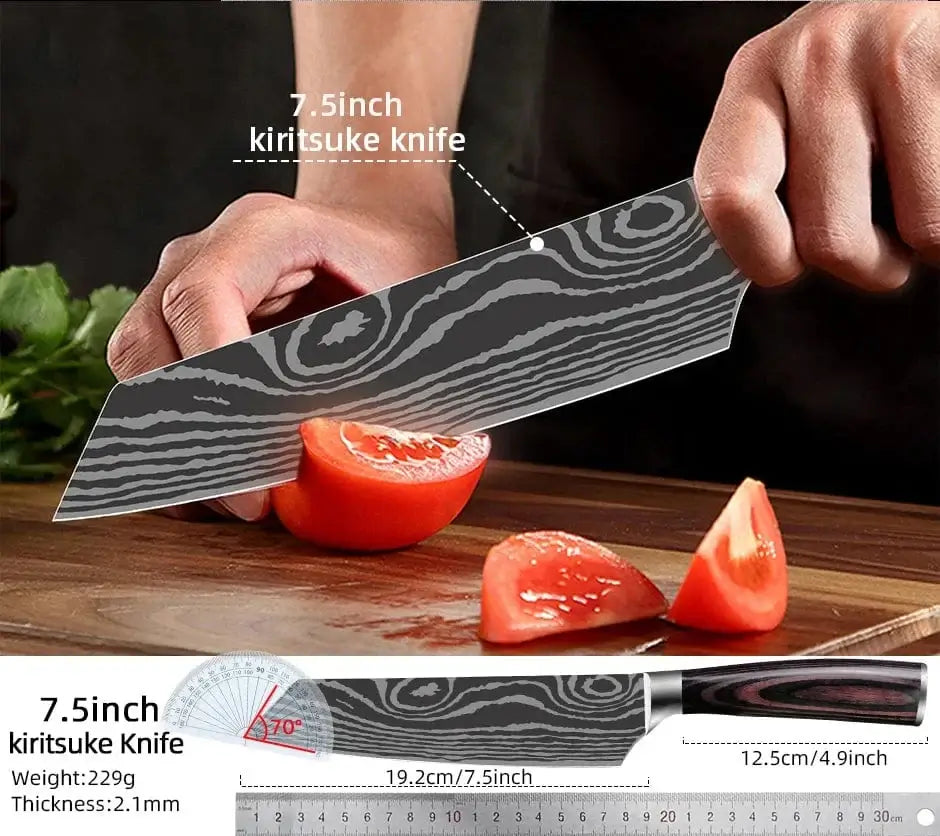 China China Kitchen Knife Damascus Steel Laser Professional Chef Knife 7CR17440C Stainless Steel Meat Cleaver Santoku Slicing Cutter Cooking