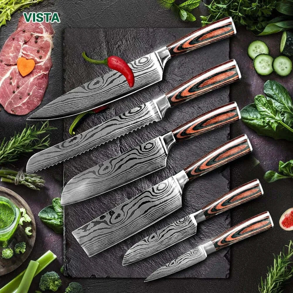 China China Kitchen Knife Damascus Steel Laser Professional Chef Knife 7CR17440C Stainless Steel Meat Cleaver Santoku Slicing Cutter Cooking