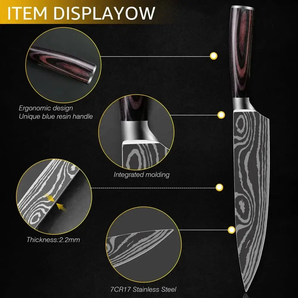 China China Kitchen Knife Damascus Steel Laser Professional Chef Knife 7CR17440C Stainless Steel Meat Cleaver Santoku Slicing Cutter Cooking