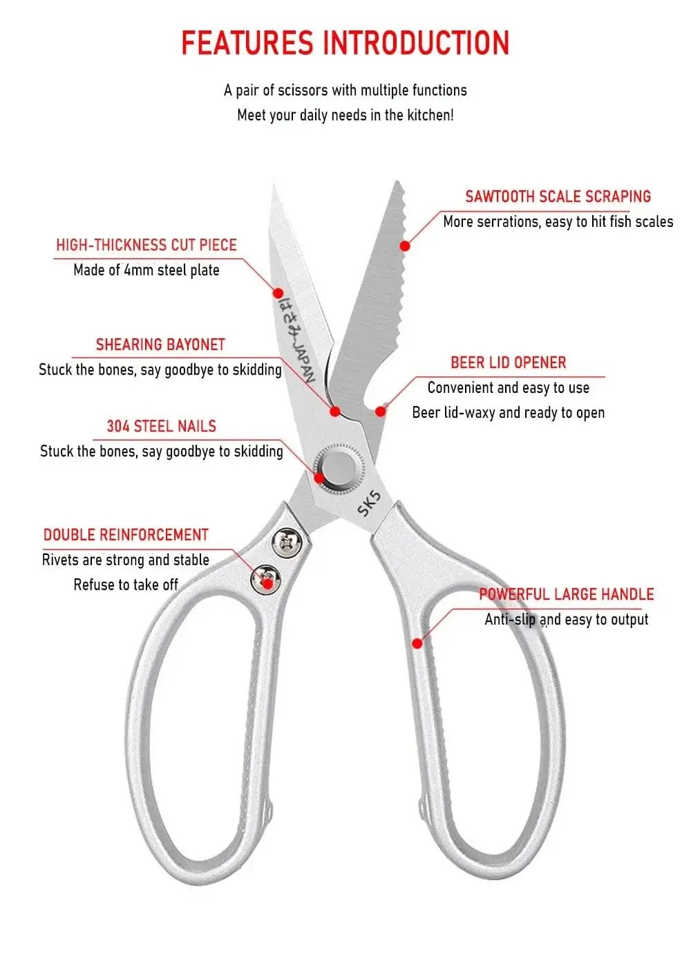 China China Kitchen Scissors Multifunctional Stainless Steel Food Scissors Chicken Bone Meat Fishing Crab Greens Cutting Trimming Scissors