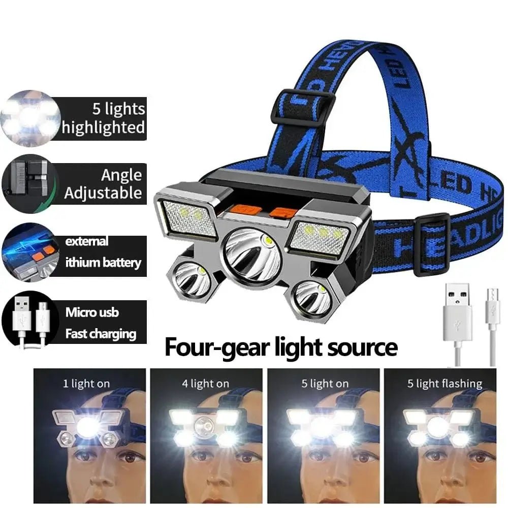 China China Outdoor High brightness 5LED Headset flashlight Outdoor household portable USB rechargeable Fishing miner lamp Strong headlight