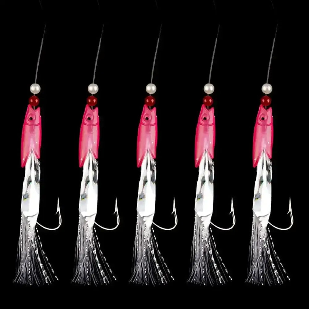 China China pink 5pcs 5pcs Fishing Sabiki Samodur Rigs Baits Luminous Japan Luminous Glow Bead Feather Fish Skin String Hooks Saltwater Fish Supplies