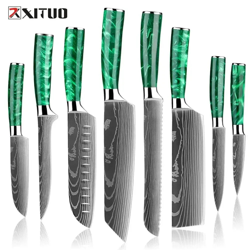China China Pro Chef Knife Set 1-8PCS,7Cr17Mov Steel Kitchen Cooking Knives Utility Knife Super sharp Blade Ergonomic Green Resin Handle