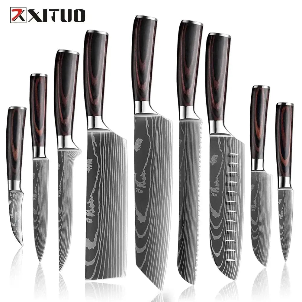 China China Professional Kitchen Knife Set 1-9PCS, Sharp Chef Knife Santoku Knife Fruit knife 7Cr17Mov Stainless Steel Ergonomic Wood Handle