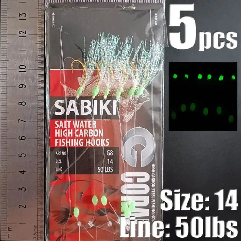 China China red-14 1Park/5pcs Lunker Sabiki Rigs Hooks Saltwater Fishing Lures Luminous Glow Flash Fishskin Sea Bait Mackerel Pesca Tackle