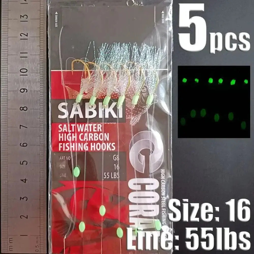 China China red-16 1Park/5pcs Lunker Sabiki Rigs Hooks Saltwater Fishing Lures Luminous Glow Flash Fishskin Sea Bait Mackerel Pesca Tackle