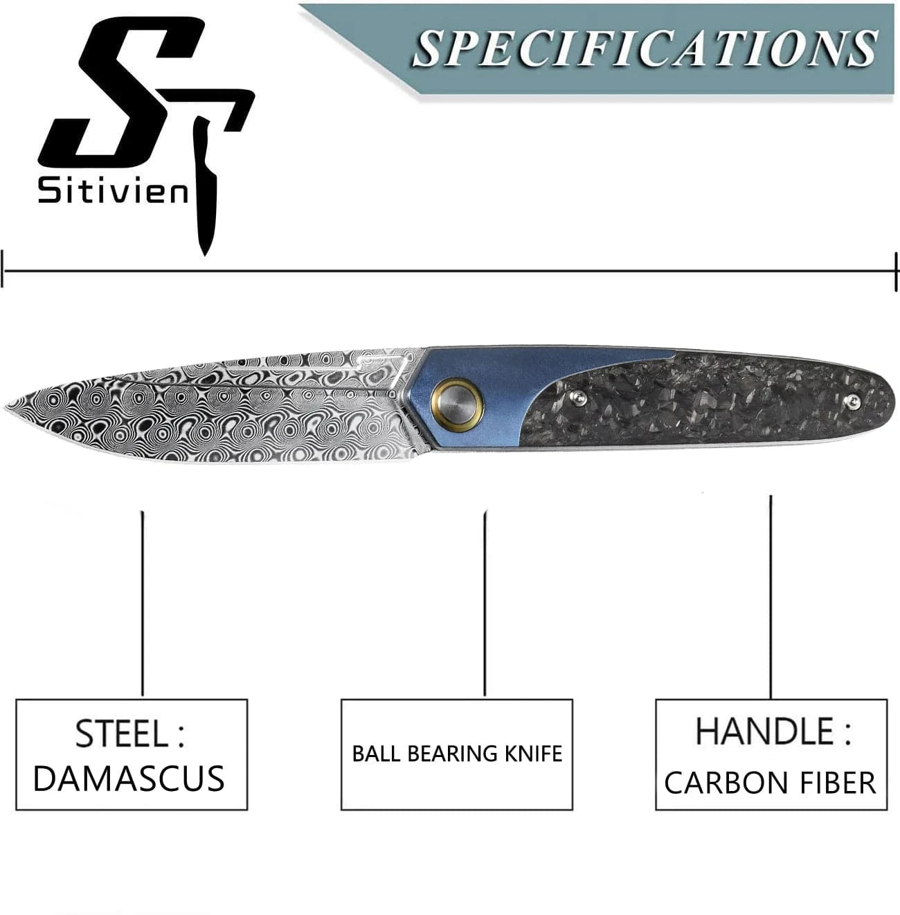 China China Sitivien ST245 Damascus Steel Folding Knives Ball Bearing Titanium Carbon Fiber Handle EDC Knifes for Working Camping Collection