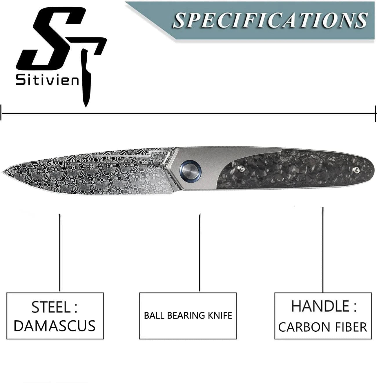 China China Sitivien ST245 Damascus Steel Folding Knives Ball Bearing Titanium Carbon Fiber Handle EDC Knifes for Working Camping Collection