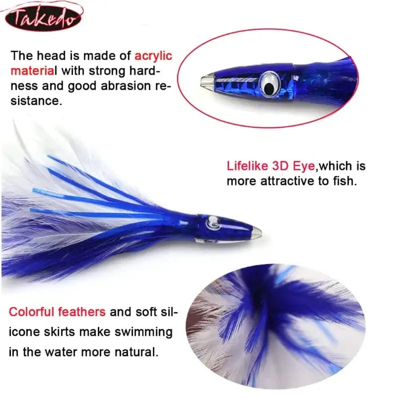 China China TAKEDO SP02 140MM 32G Big Game Drag Octopus Baits Squid Jig Lures Resin Fish Head Feather Skirt Trolling Fishing Bait For Tuna