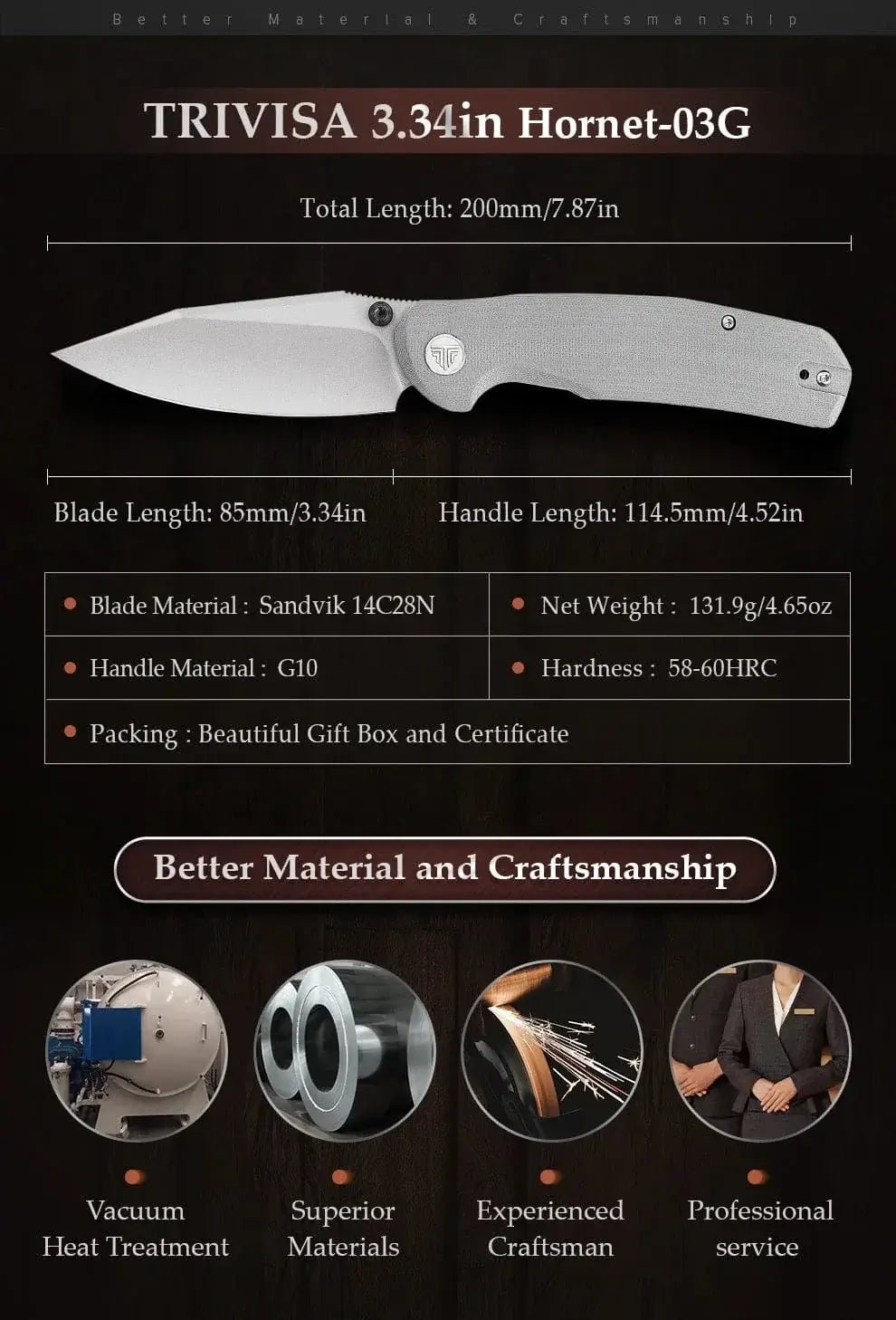 China China TRIVISA EDC Folding Knife for Men, Axis Pocket Knife with Clip,3.34” 14C28N Steel ,Stonewash Blade,G10 Handle.Camping Tool