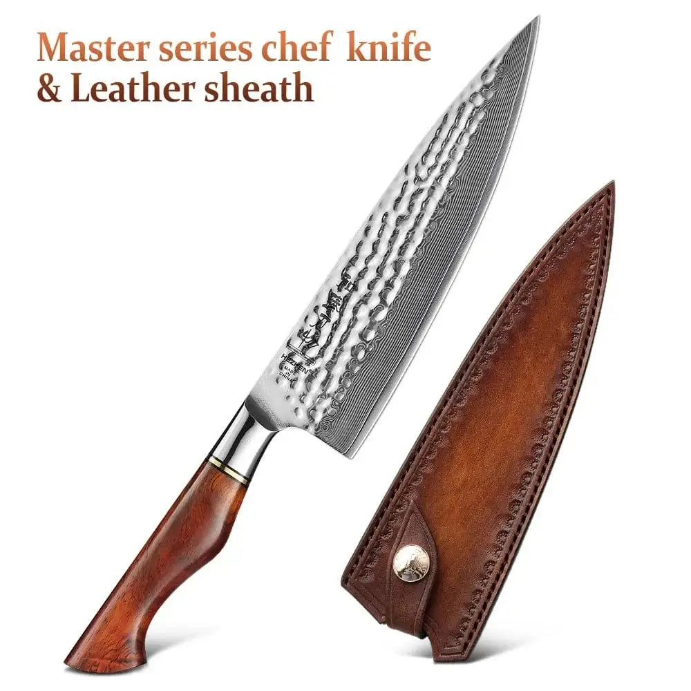 China China with leather sheath HEZHEN 8.5 Inch Chef Knife 73 Layers Powder Steel Damascus Steel Natural Rosewood Handle Kitchen Cook Knife Tools Accessories