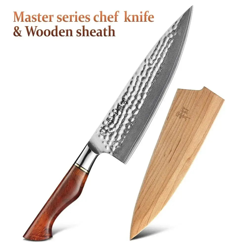 China China with wooden sheath01 HEZHEN 8.5 Inch Chef Knife 73 Layers Powder Steel Damascus Steel Natural Rosewood Handle Kitchen Cook Knife Tools Accessories