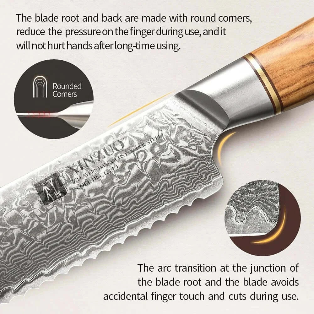 China China XINZUO 1-8pcs Kitchen Knife Set 73 Layers Custom Damascus Steel 15°±1 Per Side Steel Blade with Olive Wood Handle
