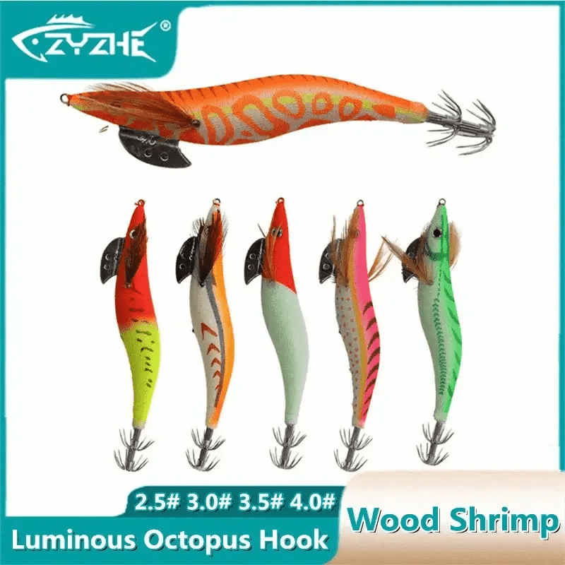China China ZYZ Squid Bait 2.5# 3.0# 3.5# 4.0# Luminous Octopus Hook Wood Shrimp Lures Simulation Sea Fishing Lure Jigs Tackle