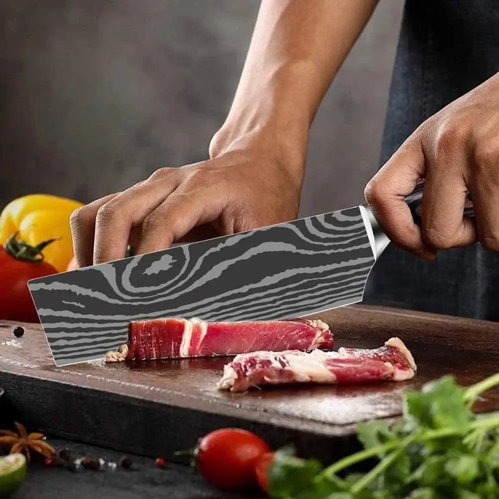 China Knife Set 1PC Kitchen Knife Laser Damascus Steel 7CR17 440C Japanese Chef Knives Slicing Meat Cleaver Sharp Santoku with Pakkawood Handle