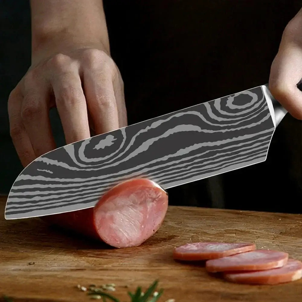 China Knife Set 1PC Kitchen Knife Laser Damascus Steel 7CR17 440C Japanese Chef Knives Slicing Meat Cleaver Sharp Santoku with Pakkawood Handle