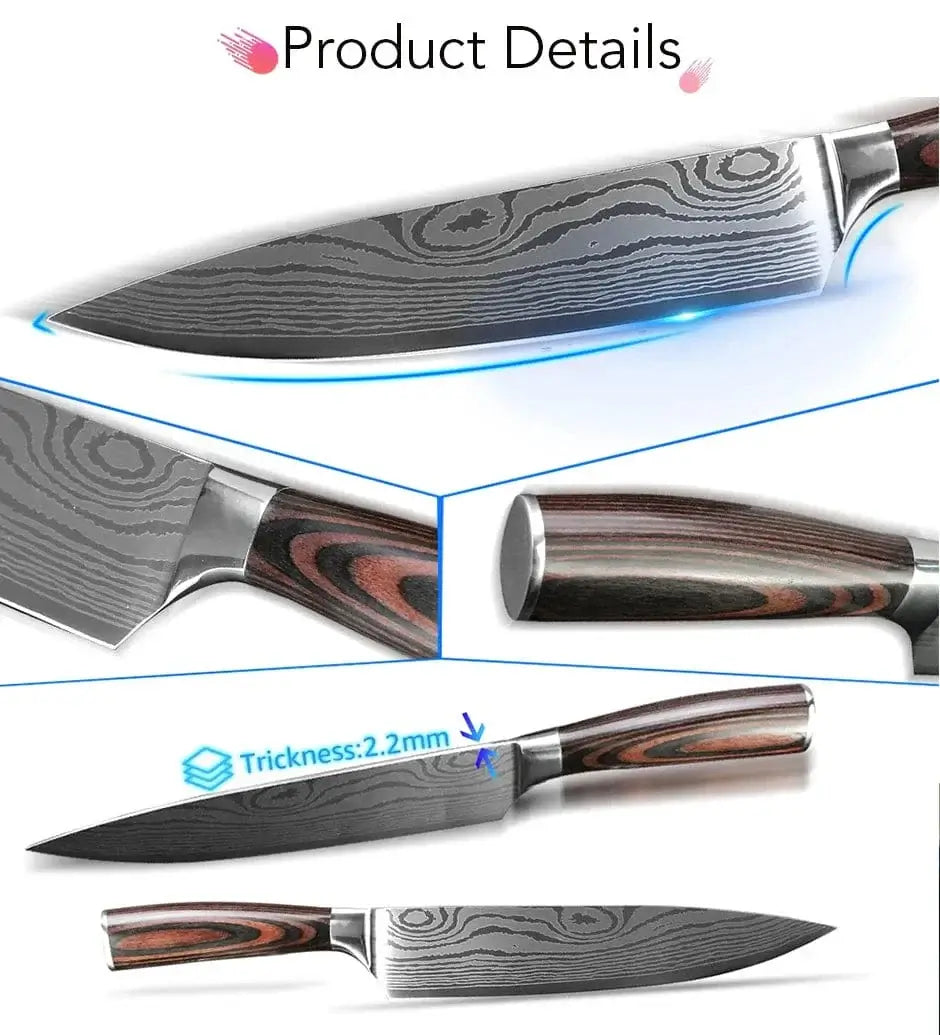 China Knife Set 1PC Kitchen Knife Laser Damascus Steel 7CR17 440C Japanese Chef Knives Slicing Meat Cleaver Sharp Santoku with Pakkawood Handle