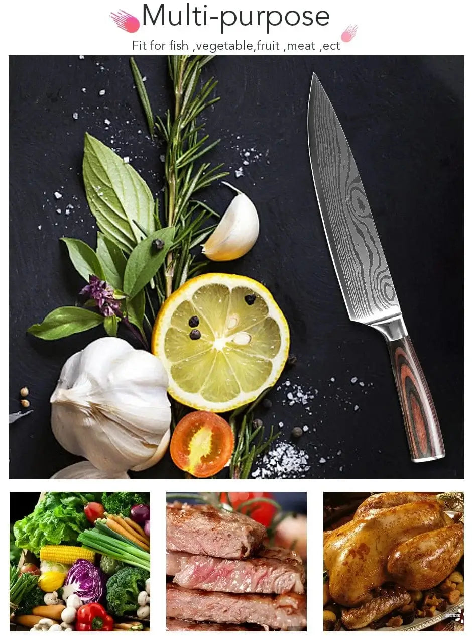 China Knife Set 1PC Kitchen Knife Laser Damascus Steel 7CR17 440C Japanese Chef Knives Slicing Meat Cleaver Sharp Santoku with Pakkawood Handle