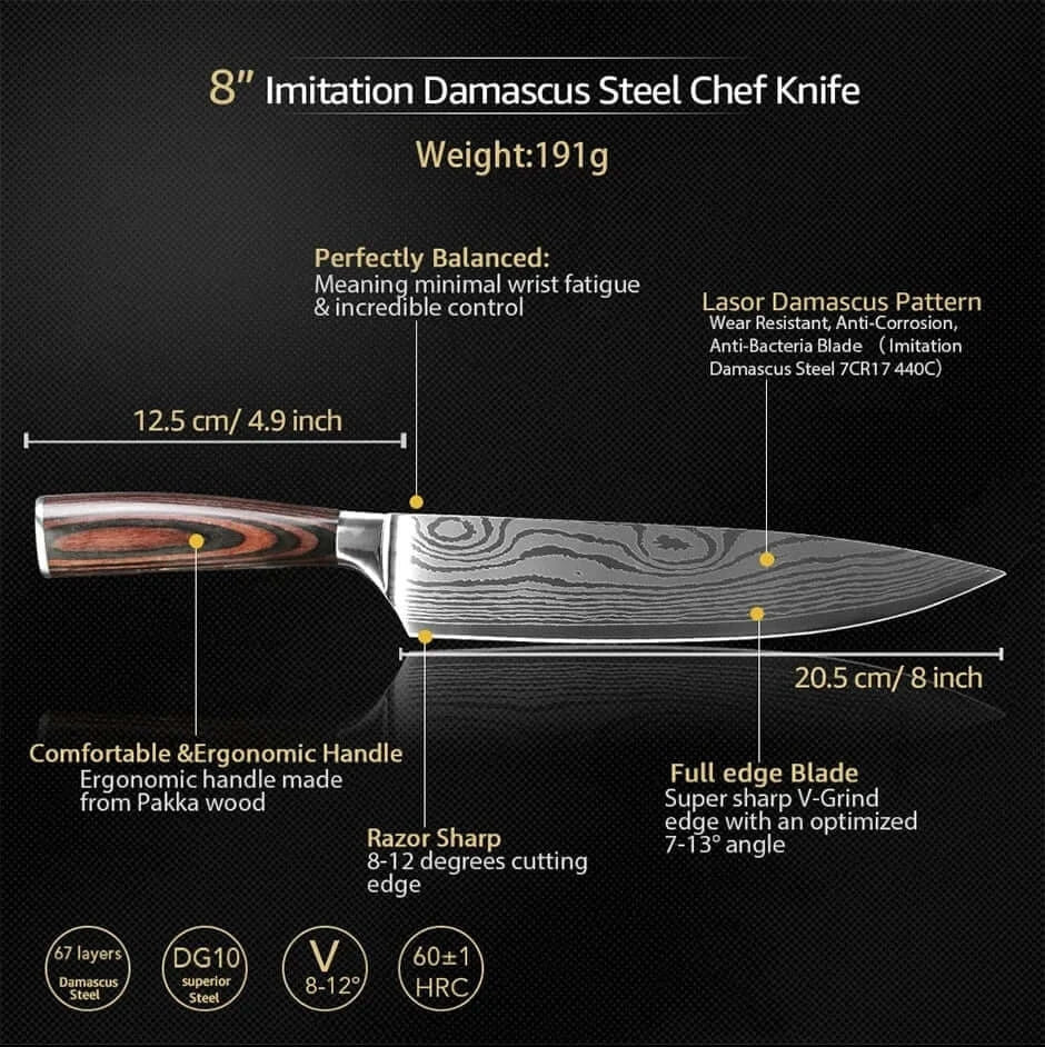 China Knife Set 1PC Kitchen Knife Laser Damascus Steel 7CR17 440C Japanese Chef Knives Slicing Meat Cleaver Sharp Santoku with Pakkawood Handle