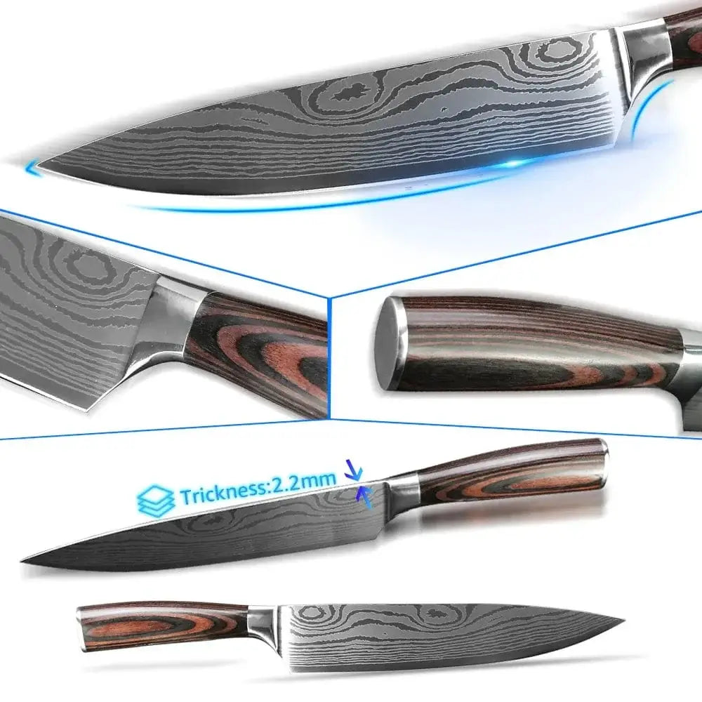 China Knife Set 1PC Kitchen Knife Laser Damascus Steel 7CR17 440C Japanese Chef Knives Slicing Meat Cleaver Sharp Santoku with Pakkawood Handle