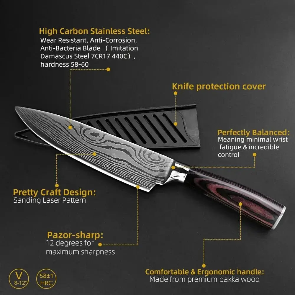 China Knife Set 1PC Kitchen Knife Laser Damascus Steel 7CR17 440C Japanese Chef Knives Slicing Meat Cleaver Sharp Santoku with Pakkawood Handle