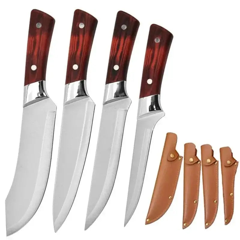 China Knife Set 4pcs with PU Cover 1-4pcs Kitchen Knives Forged Boning Knife Stainless Steel Chef's Knife for Cooking Fruit Knife BBQ Meat Cleaver Butcher Knives