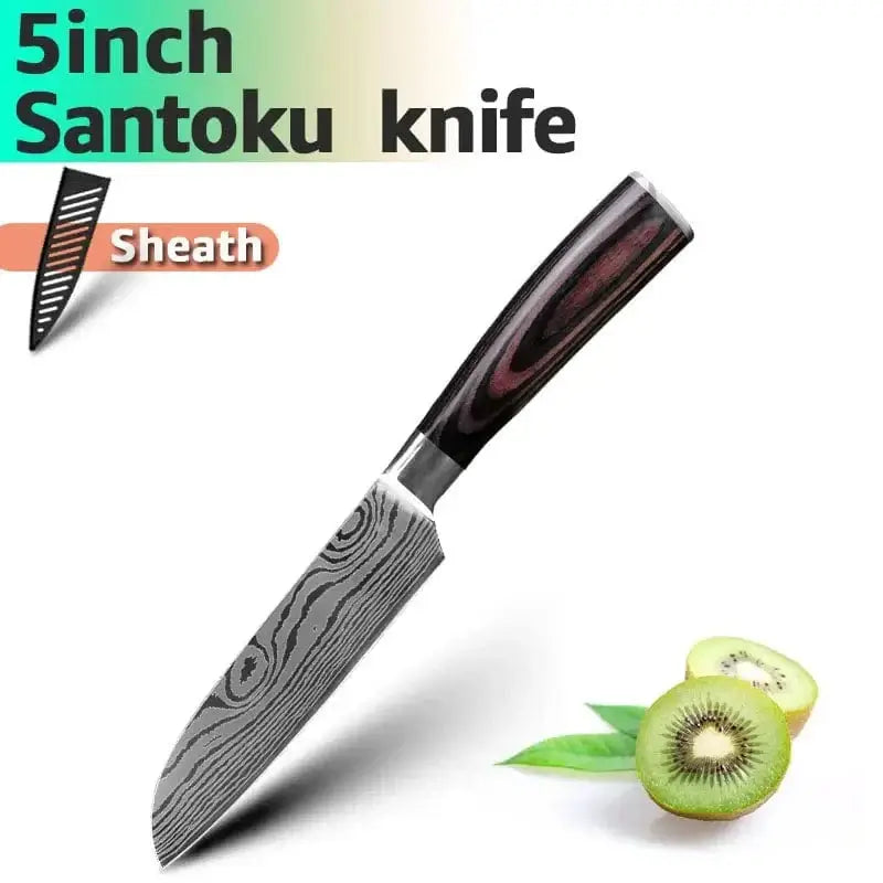 China Knife Set 5inch Santoku / CHINA 1PC Kitchen Knife Laser Damascus Steel 7CR17 440C Japanese Chef Knives Slicing Meat Cleaver Sharp Santoku with Pakkawood Handle
