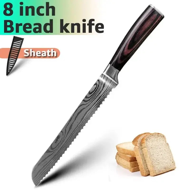 China Knife Set 8inch Serrated Bread / CHINA 1PC Kitchen Knife Laser Damascus Steel 7CR17 440C Japanese Chef Knives Slicing Meat Cleaver Sharp Santoku with Pakkawood Handle