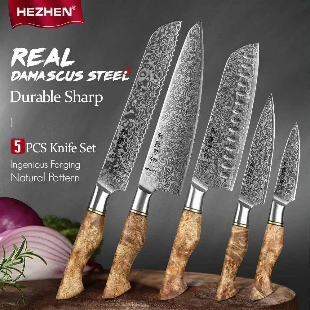China Knife Set HEZHEN 1  to 5PC Knife Set Professional Damascus Steel  Chef Santoku Bread Utility Paring Cook Knife For Meat Sharp Kitchen Knife