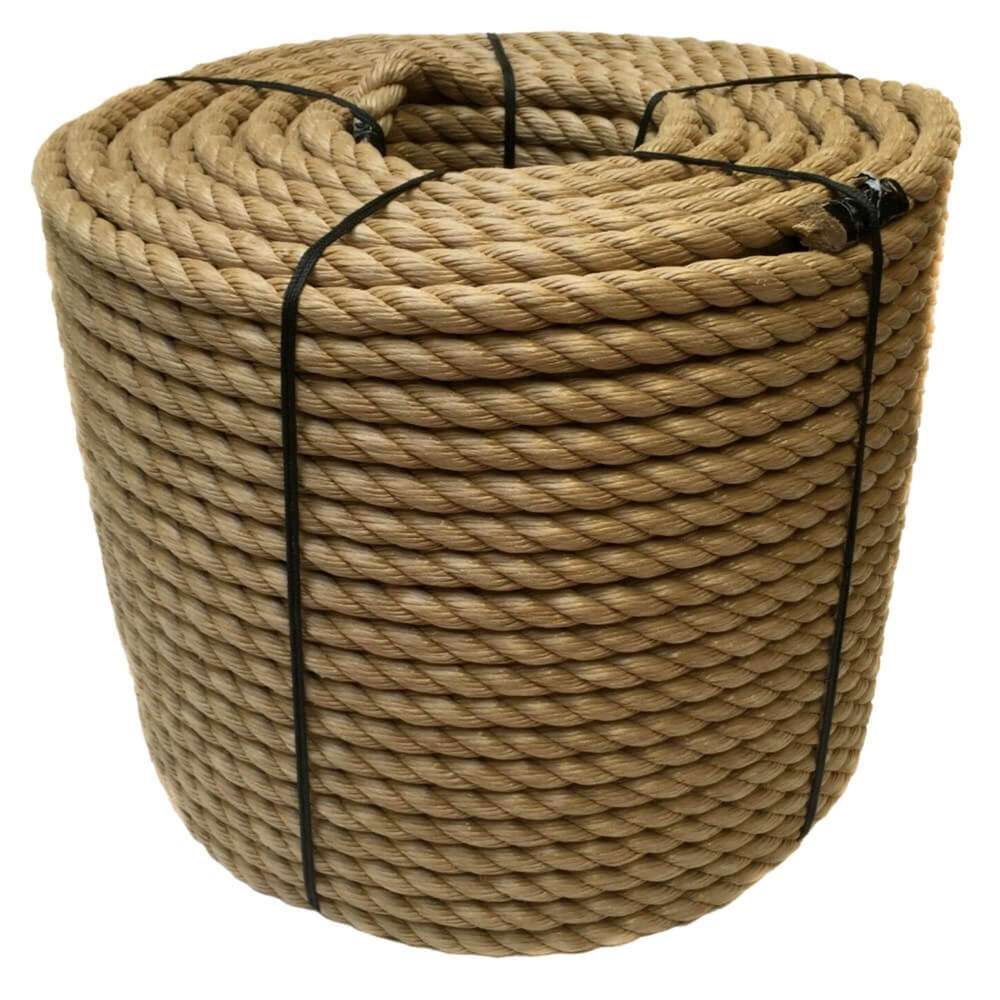 20mm synthetic manila rope coiled in a bundle, dark tan polypropylene rope available by the metre.