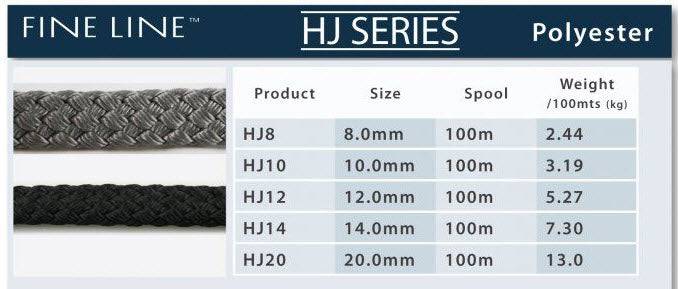 HJ Series Horse and Dog Lead Rope x 100m specifications including sizes and weights of polyester ropes