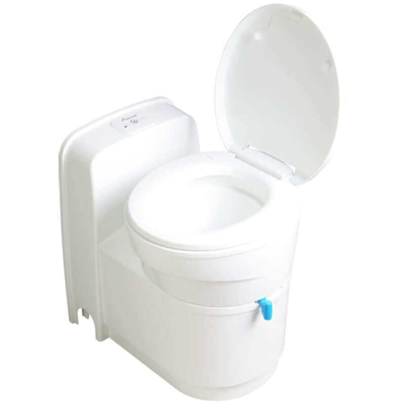 FREUCAMP Swivel Cassette Toilet complete with exterior door, lightweight PP material, wheels, and retractable handle.