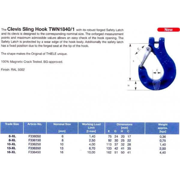 HES NZ Ltd Hook Sling Hook G100 - Thiele XL Clevis 13mm 6.7T