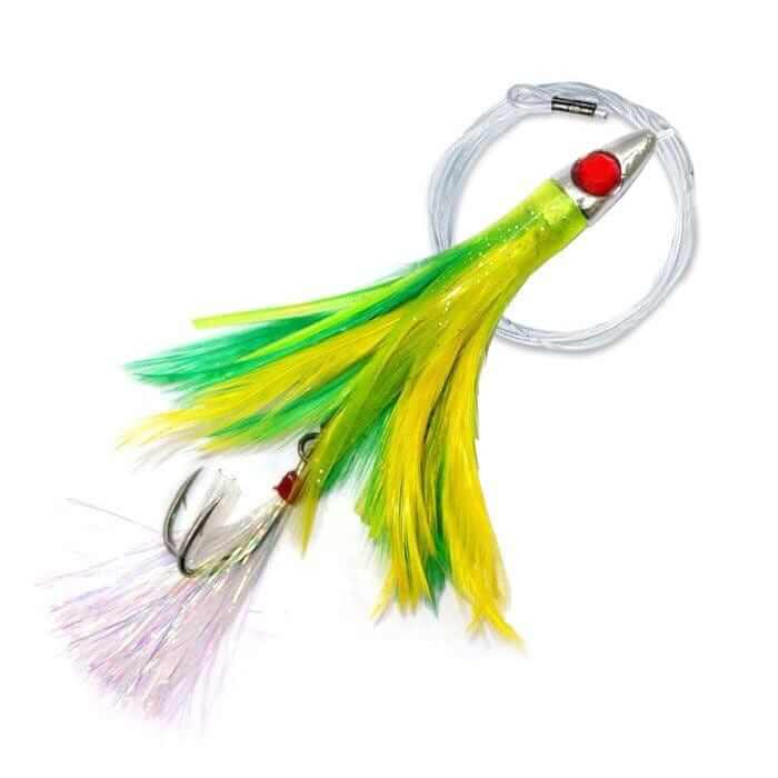 Pacific Teaser Rigged- Green Yellow tuna lure with metal head and double hook, perfect for fishing.