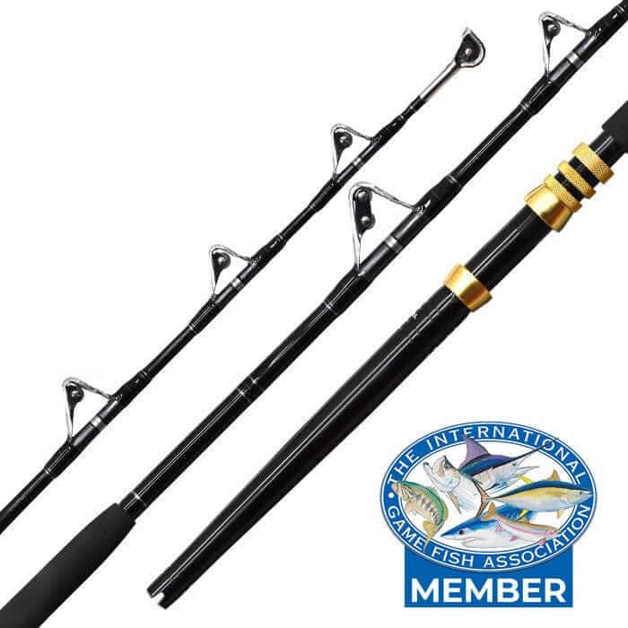 Kilwell NZ International 24kg Roller DSB Chair Rod showcasing AFTCO Wind-on guides and member badge of International Game Fish Association.