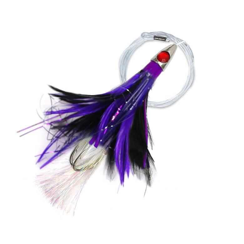 Pacific Teaser Rigged- Black Purple, metal head tuna lure with black/purple skirt and double hook.