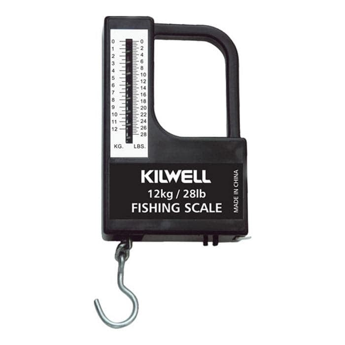 Kilwell Scales hanging fishing scale with 12kg capacity, featuring weight tape and measuring guide.