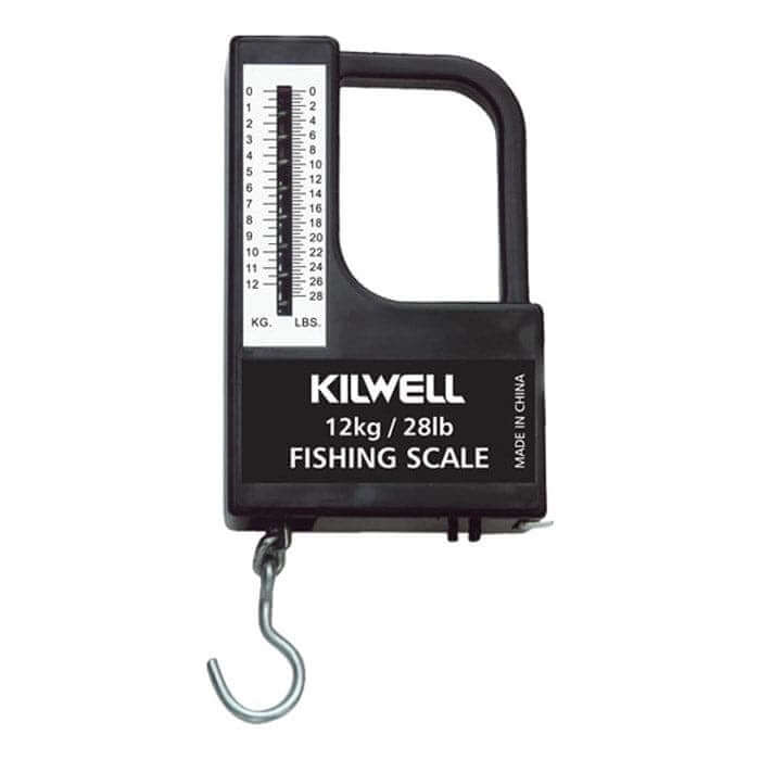 Kilwell Scales hanging fishing scale with 12kg capacity, featuring weight tape and measuring guide.