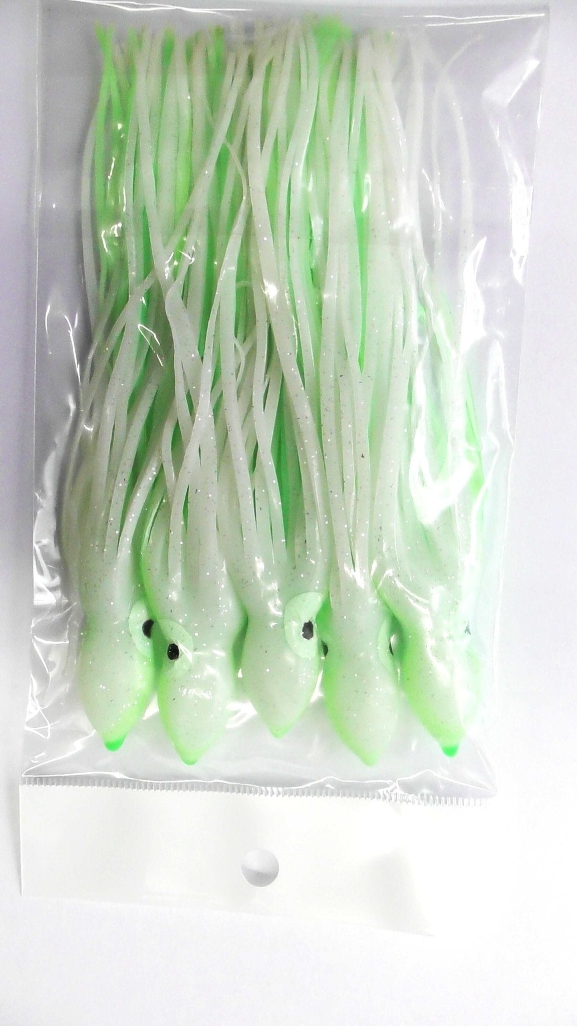 Luminous Octopus Skirt Glow Soft Lure 150mm x 5 pcs in a clear packaging, featuring green luminous skirts.