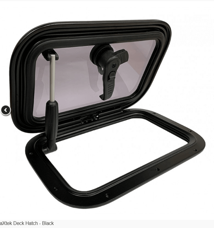 maXtek Alloy Deck Hatch - black 412mm (w) x 267mm (d) shown open with a sleek design and durable marine alloy.