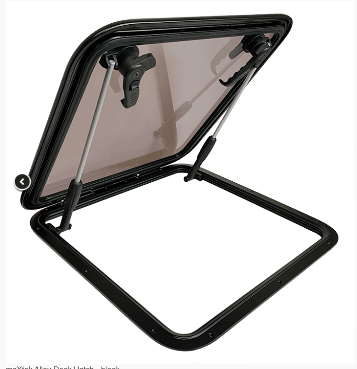 maXtek Alloy Deck Hatch - black 572 x 572 mm showing open design and durable marine alloy build.