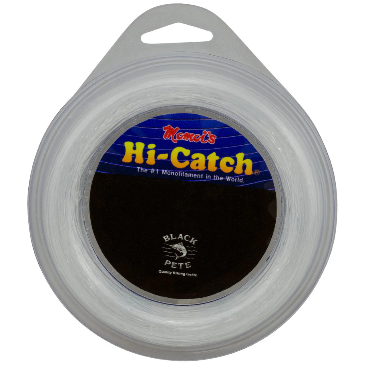 Momoi Hi-Catch Leader Black Pete fishing line in clear spool packaging for tough fishing situations.