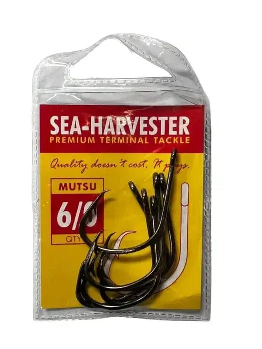 Mutsu Hook 6/0 Pkt 6 in packaging, showing self-setting hooks for fishing, strong and lightweight.