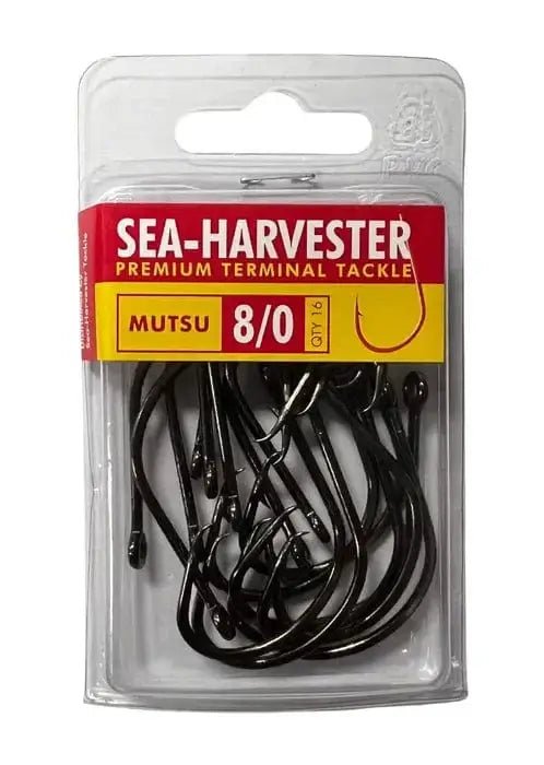 Mutsu Hook 8/0 Bulk 16 in packaging, showcasing strong, lightweight self-setting hooks for fishing.