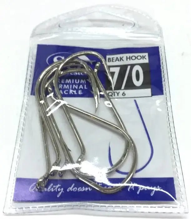 Nickle Beak Hook 7/0 Pkt 6 packaging showing premium quality fishing hooks for durable bait hooks.
