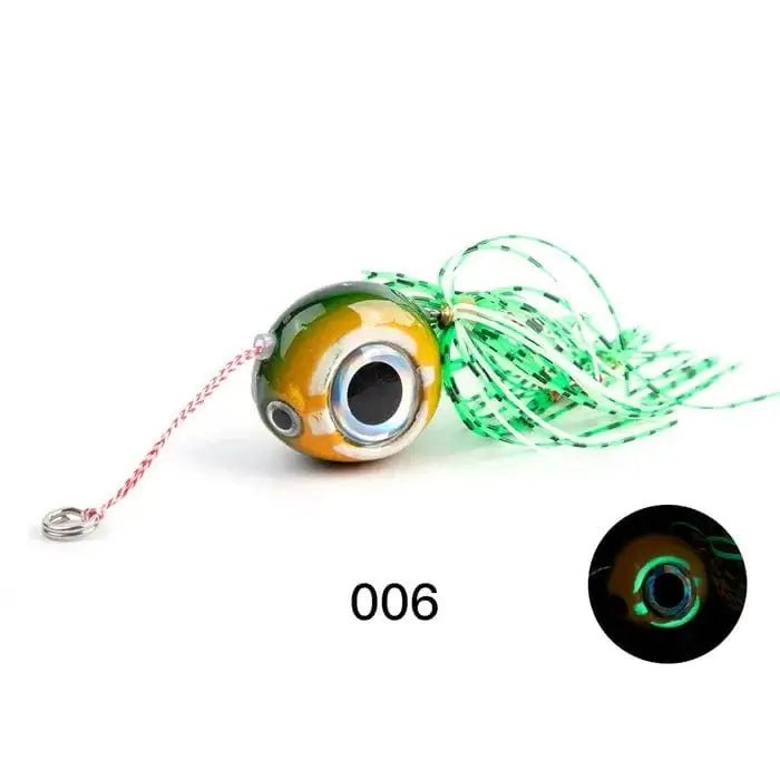 Noeby Kabura Glow Green Gold 80 Gram #14 Hooks, fishing jig with green and gold colors.