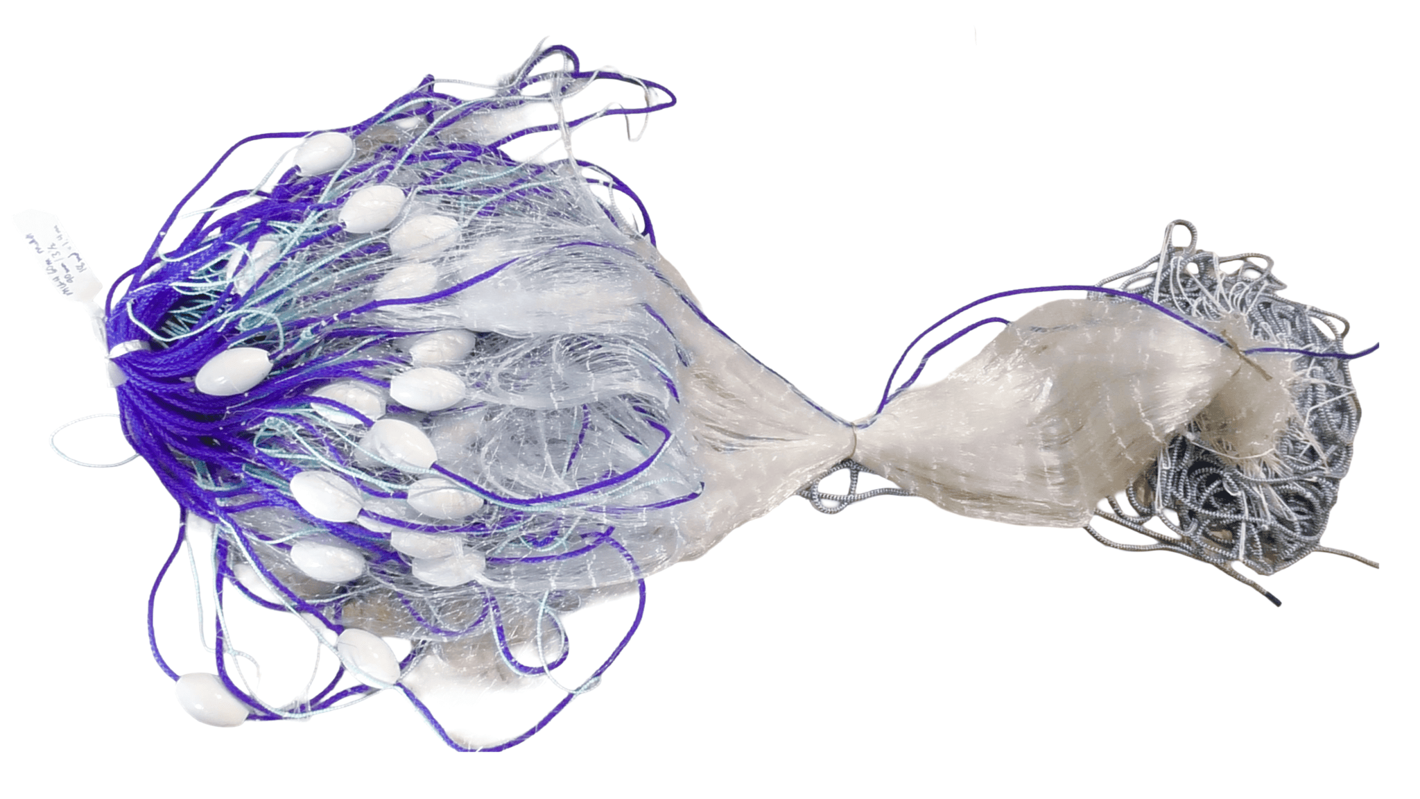 NZ Mullet Fishing Net with purple and white floats, designed for private and commercial fishermen, 1.4m deep when set.