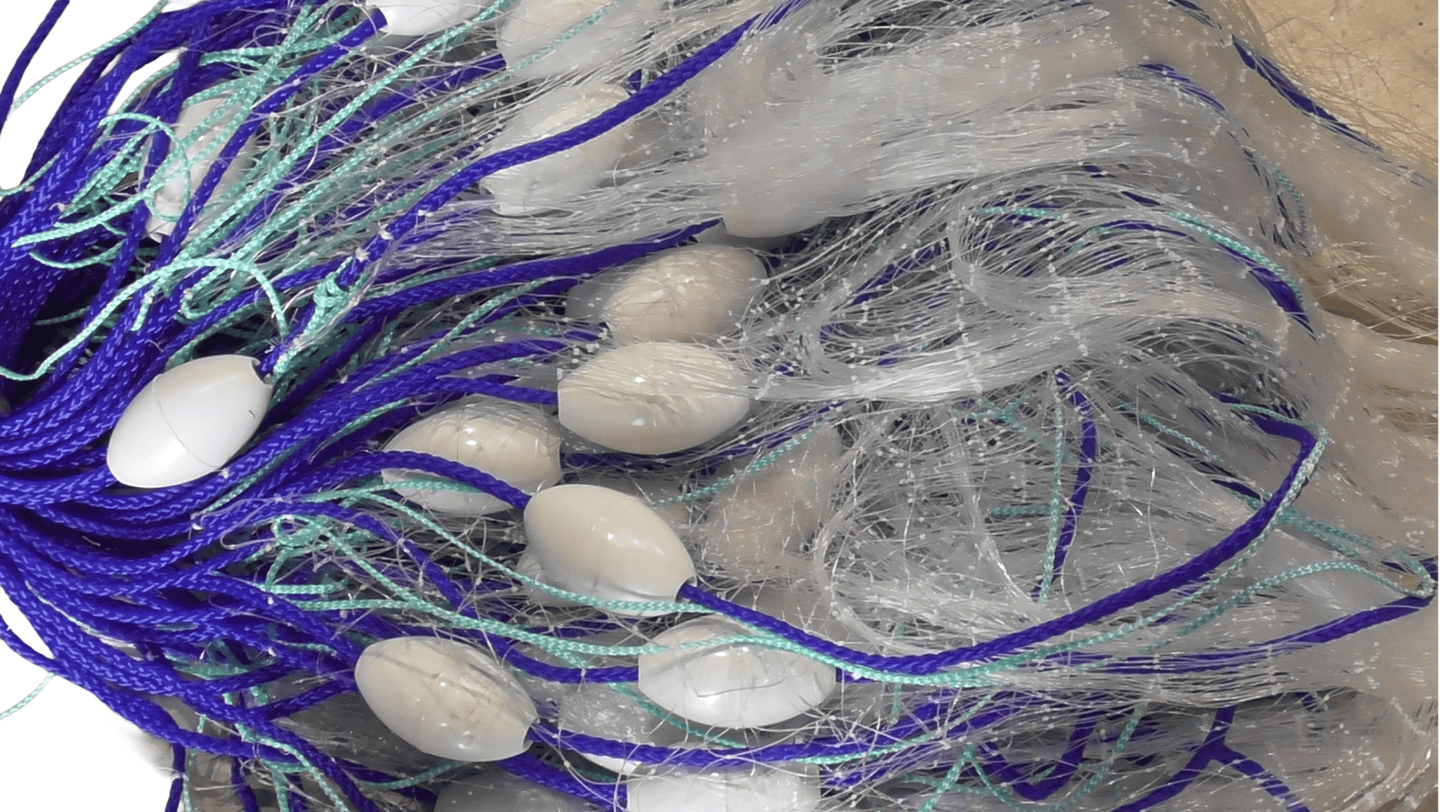 NZ Mullet Fishing Net showing mesh design with blue ropes and white floats for effective fishing.