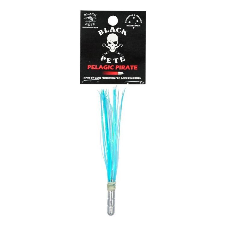 Black Pete Pelagic Pirate Flash 4 inch Lure with blue skirt for pelagic fishing.