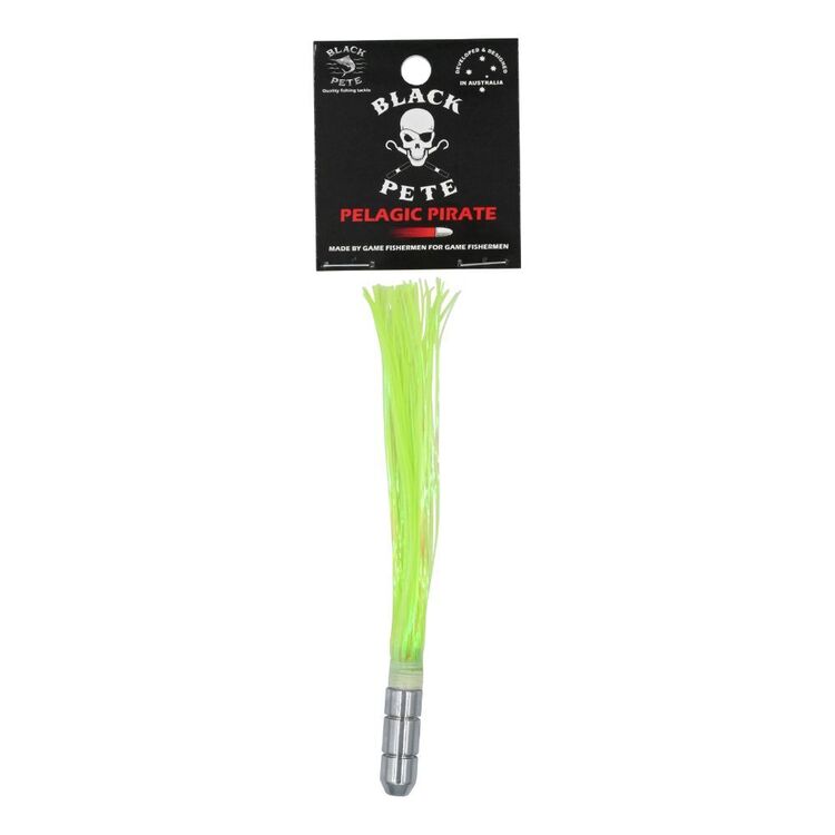 Black Pete Pelagic Pirate Flash 5.5" Lure displayed with bright green skirt designed for pelagic fishing.